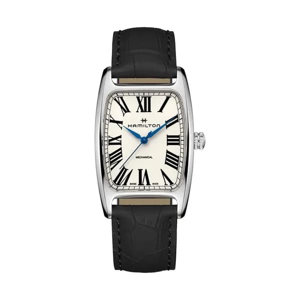 Hamilton Montre Hamilton American Classic Boulton mécanique cadran blanc bracelet cuir noir 34,5 x 38 mm