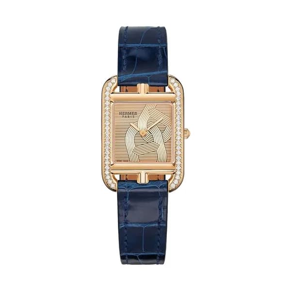Hermès Montre HERMÈS Cape Cod Petit Modèle Or Rose Sertie quartz cadran doré bracelet cuir bleu 31 mm