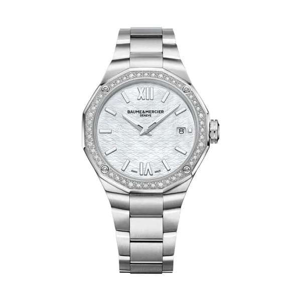 Baume & Mercier Montre Baume et Mercier Riviera quartz lunette sertie cadran nacre blanche bracelet acier 36 mm