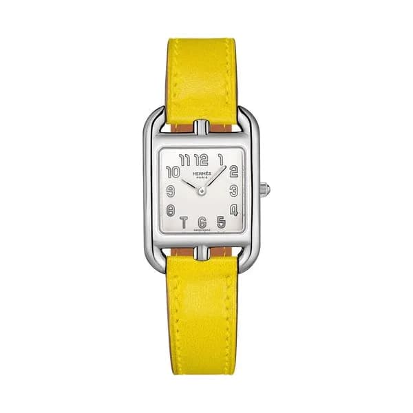 Hermès Montre HERMÈS Cape Cod Petit Modèle quartz cadran argenté bracelet cuir jaune de Naples 31 mm