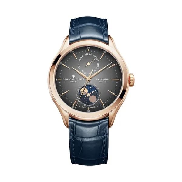Baume & Mercier Montre Baume et Mercier Clifton Baumatic automatique cadran gris bracelet cuir alligator bleu et or rose 42 mm