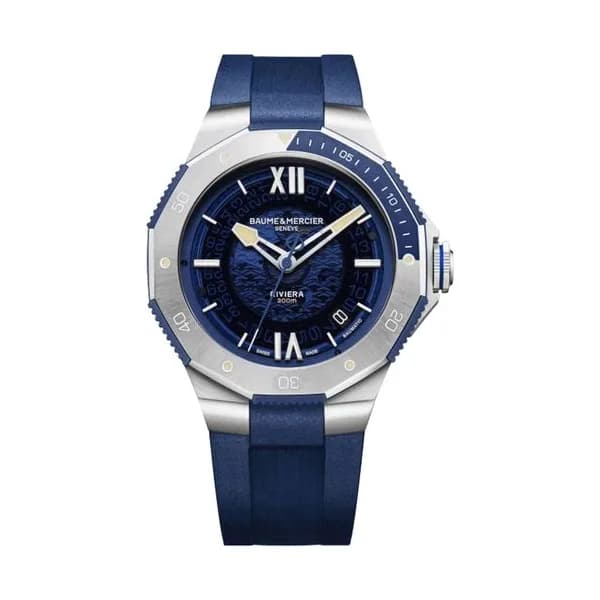 Baume & Mercier Montre Baume et Mercier Riviera automatique cadran bleu bracelet caoutchouc bleu 42 mm