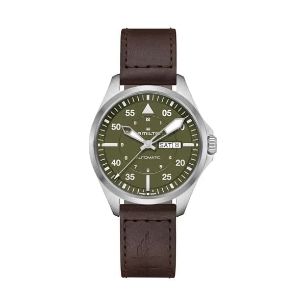 Hamilton Montre Hamilton Khaki Aviation Pilot Day Date automatique cadran vert bracelet cuir brun 42 mm