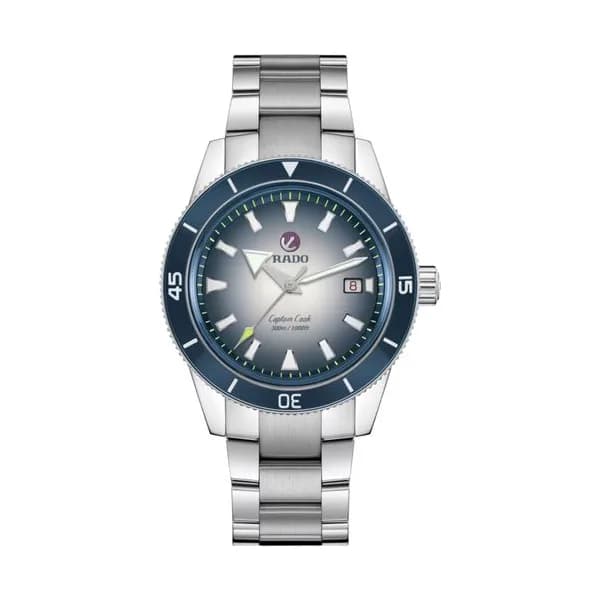 Rado Montre automatique Rado Captain Cook avec cadran bleu, bracelet en acier inoxydable, bracelet en cuir bleu et bracelet en tissu bleu et blanc, 42 mm