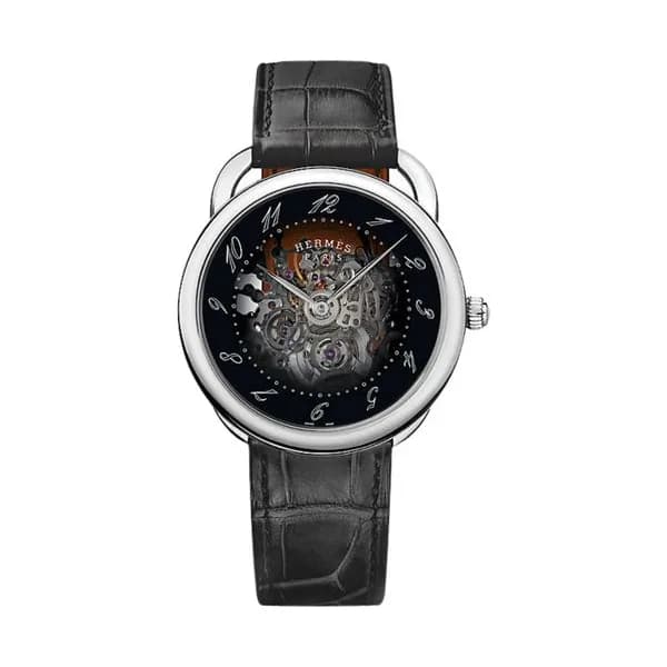 Hermès Montre HERMÈS Arceau automatique cadran noir squelette bracelet cuir noir 40 mm