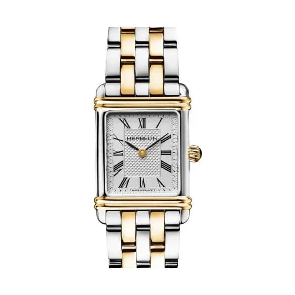 Michel Herbelin Montre Michel Herbelin Art Déco quartz cadran argent index chiffres romains bracelet acier et PVD Or jaune 20,30 x 24,40 mm