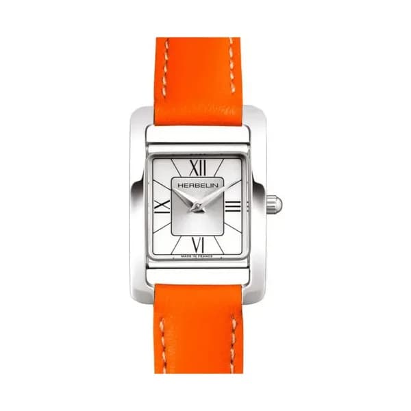 Michel Herbelin Montre Michel Herbelin 5ème Avenue quartz cadran argenté bracelet cuir orange
