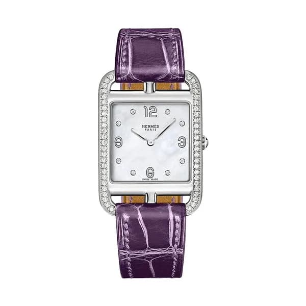 Hermès Montre HERMÈS Cape Cod Petit Modèle quartz index diamants lunette sertie cadran nacre blanche bracelet cuir violet 29 mm