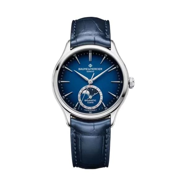 Baume & Mercier Montre Baume et Mercier Clifton Baumatic Phase de Lune automatique cadran bleu bracelet cuir bleu 39 mm