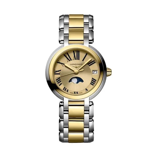 Longines Montre Longines Longines primaluna moonphase 30.50 mm Quartz Cadran Doré Bracelet Acier et Or Jaune