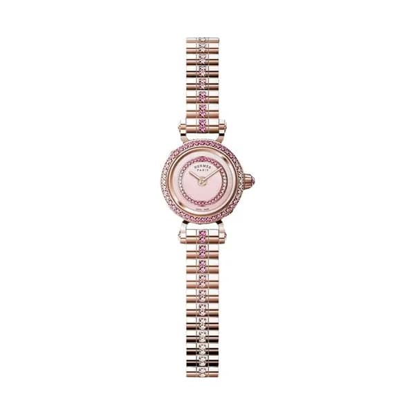 Hermès Montre HERMÈS Faubourg Mini Modèle Or Rose quartz lunette sertie cadran rose bracelet or rose diamants 15 mm