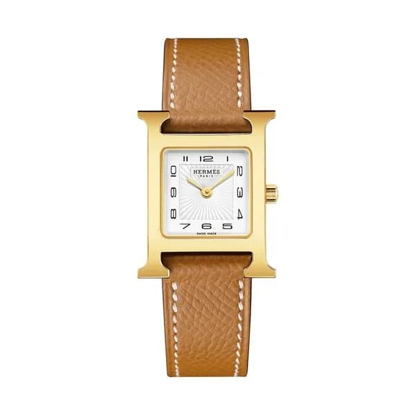 Hermès Montre HERMÈS Heure H Petit Modèle PVD quartz cadran blanc bracelet cuir marron gold 25 mm