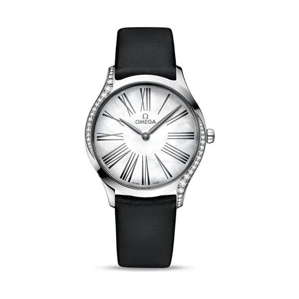 Omega Montre Omega de Ville Trésor quartz cadran nacre blanche bracelet tissu noir 36 mm