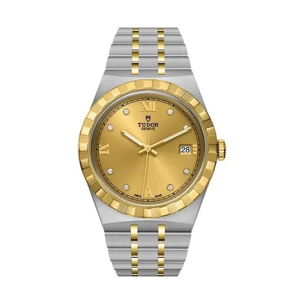 Tudor Montre Tudor Royal automatique index diamants cadran champagne bracelet acier et or jaune 38 mm