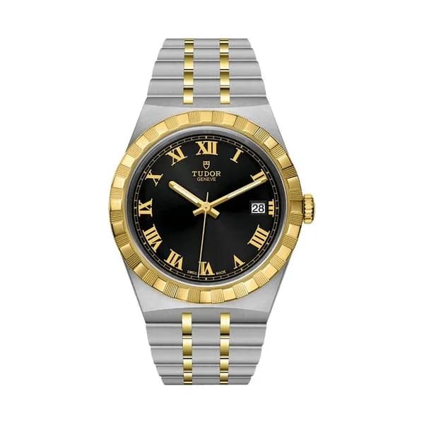 Tudor Montre Tudor Royal automatique index chiffres romains cadran noir bracelet acier et or jaune 38 mm