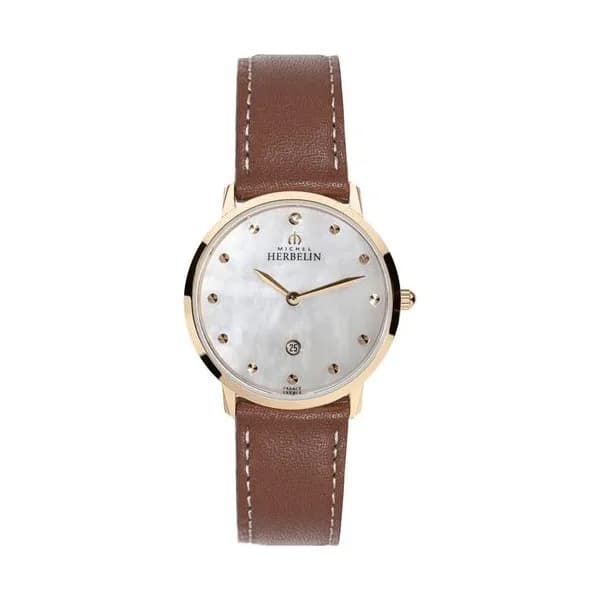 Michel Herbelin Montre Michel Herbelin City Lady quartz acier PVD doré rose cadran nacre bracelet cuir brun 30,5 mm