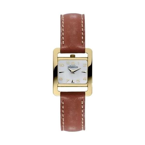 Michel Herbelin Montre Michel Herbelin 5ème Avenue quartz acier PVD or jaune cadran nacre bracelet cuir brun