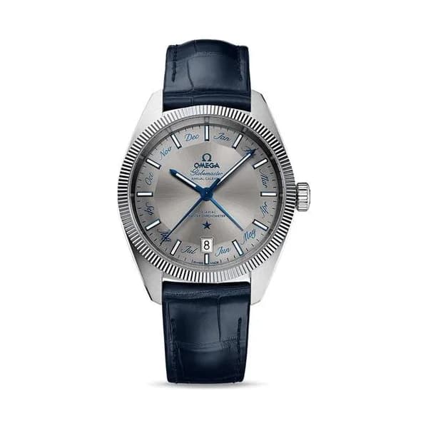 Omega Montre Omega Constellation Globemaster Co-Axial Master Chronometer calendrier annuel cadran gris bracelet cuir bleu 41 mm