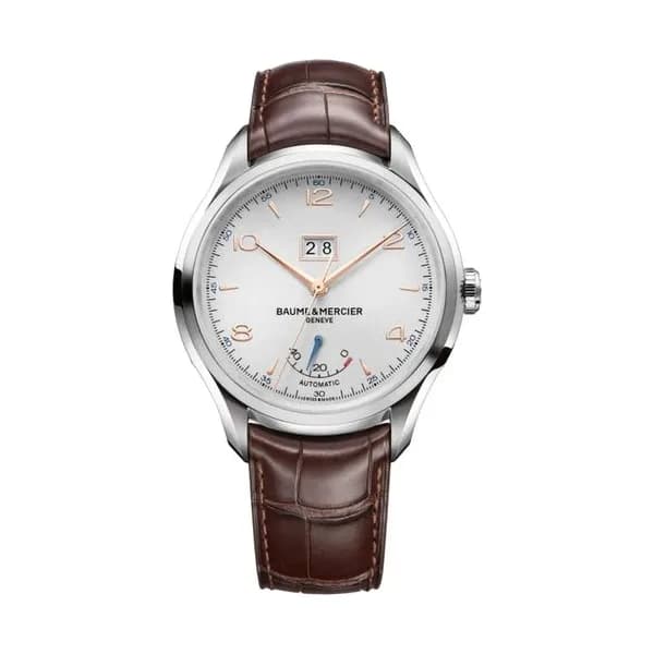 Baume & Mercier Montre Baume et Mercier Clifton Réserve de Marche automatique cadran blanc bracelet cuir marron 43 mm