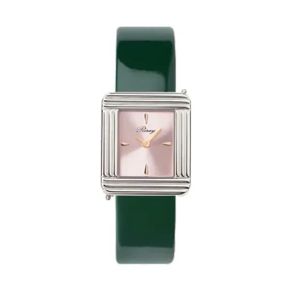 Poiray Montre Poiray Ma Première Acier Cadran Rose Bracelet Veau Vernis Vert