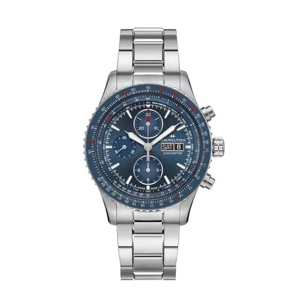 Hamilton Montre Hamilton Khaki Aviation Converter Auto Chrono bracelet acier 44mm Automatique Cadran Bleu Bracelet Acier 44 mm
