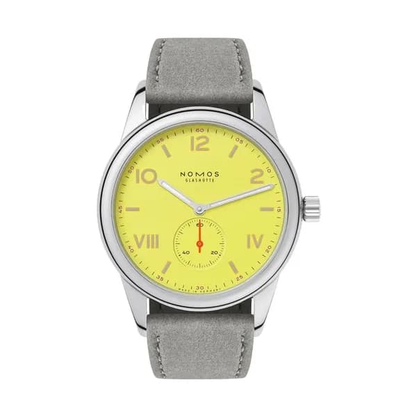 Nomos Montre NOMOS Club Campus 38 Starlight mécanique fond acier cadran jaune bracelet velours gris 38 mm