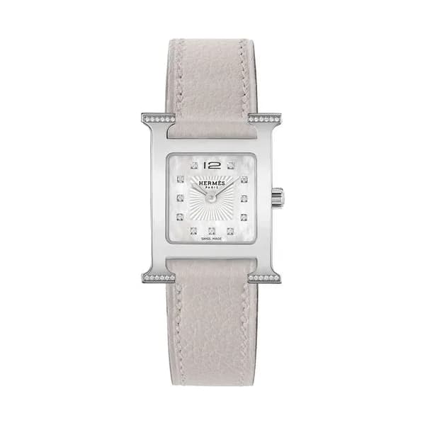 Hermès Montre HERMÈS Heure H Petit Modèle sertie quartz index diamants cadran nacre blanche bracelet cuir gris 25 mm