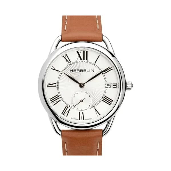Michel Herbelin Montre Herbelin Inspiration quartz petite seconde cadran argenté bracelet cuir 40 mm