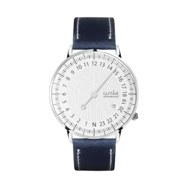 Gustave & Cie Montre 24H André Argent & Blanc PU Végétal Bleu Surpiqué 40mm