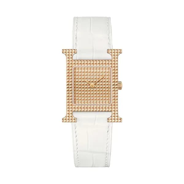 Hermès Montre HERMÈS Heure H Petit Modèle quartz cadran or rose bracelet cuir blanc 25 mm