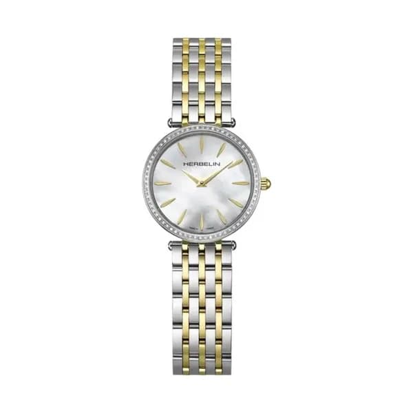 Michel Herbelin Montre Herbelin Epsilon quartz cadran nacre blanche bracelet bicolore 28 mm