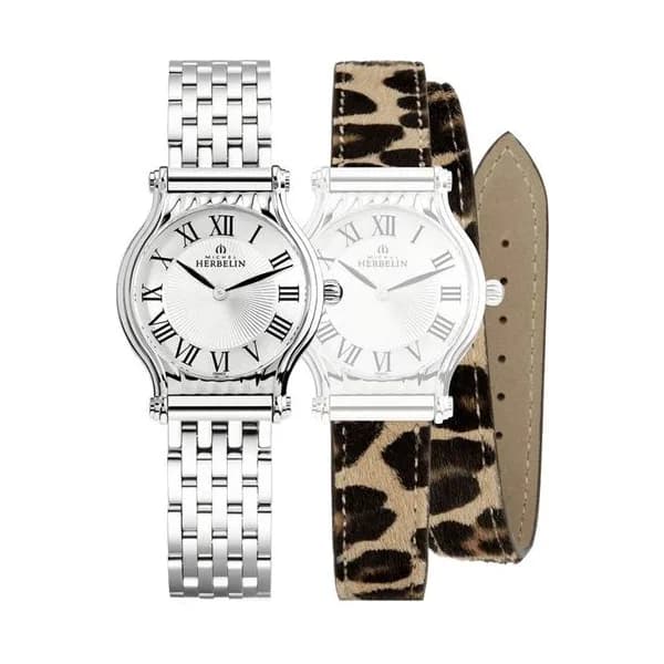 Michel Herbelin Montre Michel Herbelin Coffret Antarès quartz cadran argenté bracelets acier et léopard 30 mm