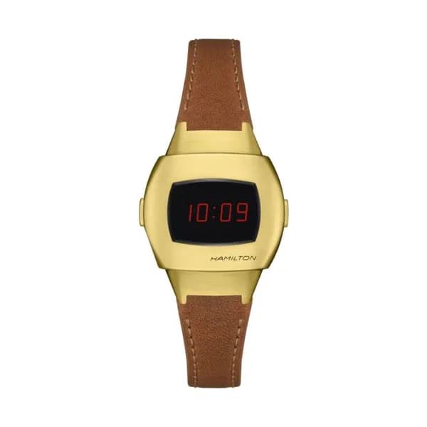 Hamilton Montre Hamilton PSR 74 Digital quartz PVD or jaune affichage LCD et Oled rouge bracelet cuir marron