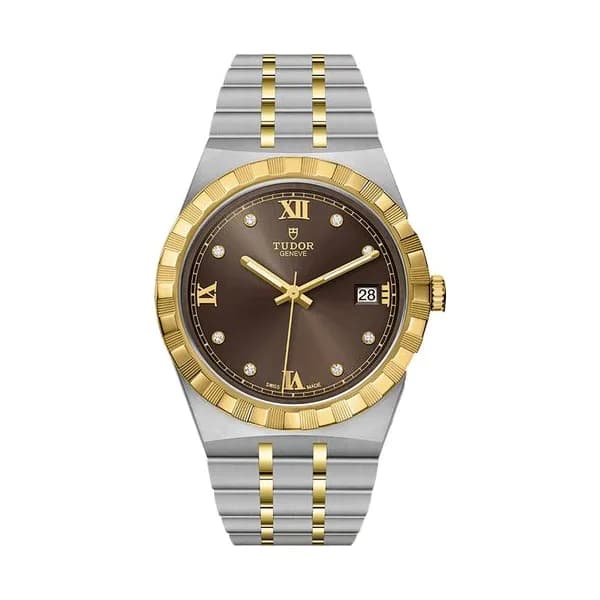 Tudor Montre Tudor Royal automatique lunette or jaune index diamants cadran chocolat bracelet acier et or jaune 38 mm