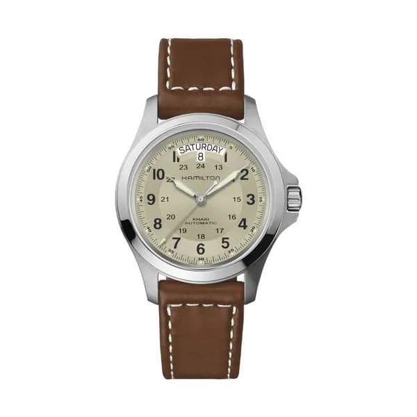 Hamilton Montre Hamilton Khaki Field King automatique cadran beige bracelet cuir brun 40 mm