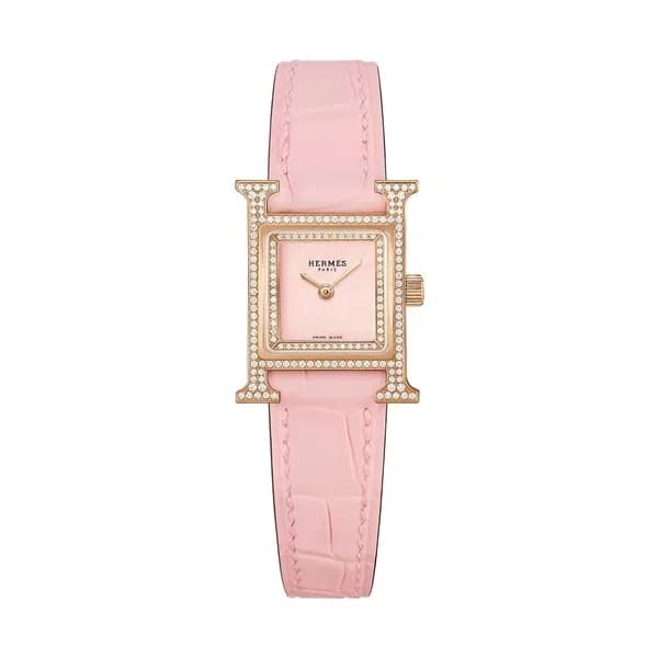 Hermès Montre HERMÈS Heure H Mini Modèle sertie quartz cadran rose bracelet cuir rose 21 mm
