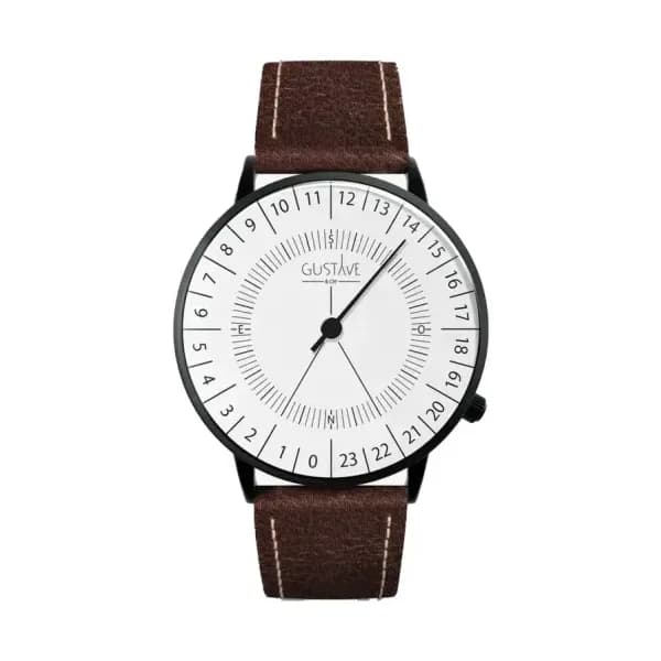 Gustave & Cie Montre 24H Antoine Noir & Blanc Cuir Marron Chocolat 40mm