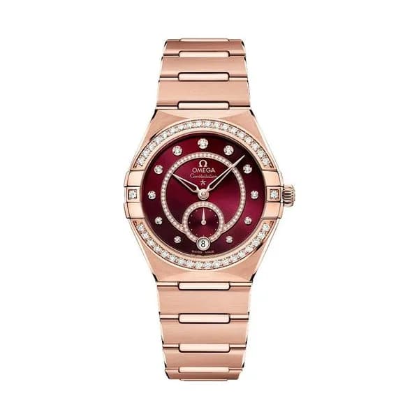 Omega Montre Omega Constellation Master Chronometer Petite Seconde Or Sedna et Diamants cadran rouge bracelet or Sedna 34 mm