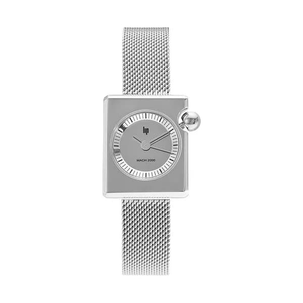 Lip Montre Lip Mach 2000 Mini Square quartz cadran argenté bracelet acier maille milanaise 30 x 28 mm