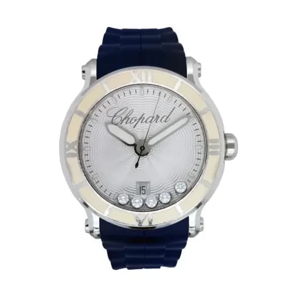 Daniel Gérard Montre Occasion Chopard Happy Sport Chronographe 5 Diamants Mobiles Bracelet Caoutchouc Bleu