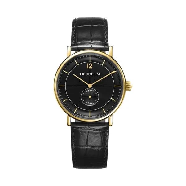 Michel Herbelin Montre Herbelin Inspiration quartz petite seconde PVD Or Jaune cadran noir bracelet cuir 40 mm