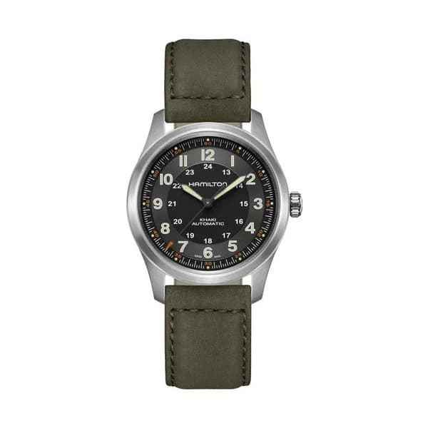 Hamilton Montre Hamilton Khaki Field Titanium automatique cadran noir bracelet cuir vert 38 mm
