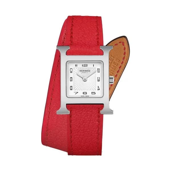 Hermès Montre HERMÈS Heure H Petit Modèle quartz cadran blanc bracelet double tour cuir rouge 25 mm