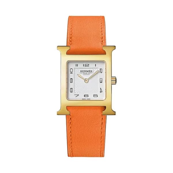 Hermès Montre HERMÈS Heure H Moyen Modèle PVD Or jaune quartz cadran blanc bracelet cuir orange 30 mm
