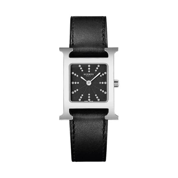 Hermès Montre HERMÈS Heure H Moyen Modèle quartz index diamants cadran PVD noir bracelet cuir noir 30 mm