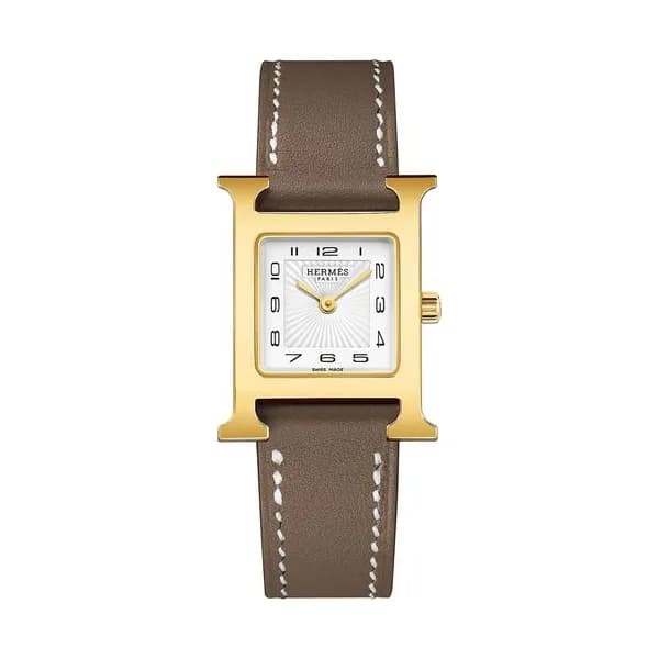 Hermès Montre HERMÈS Heure H Petit Modèle PVD quartz cadran blanc bracelet cuir taupe 25 mm