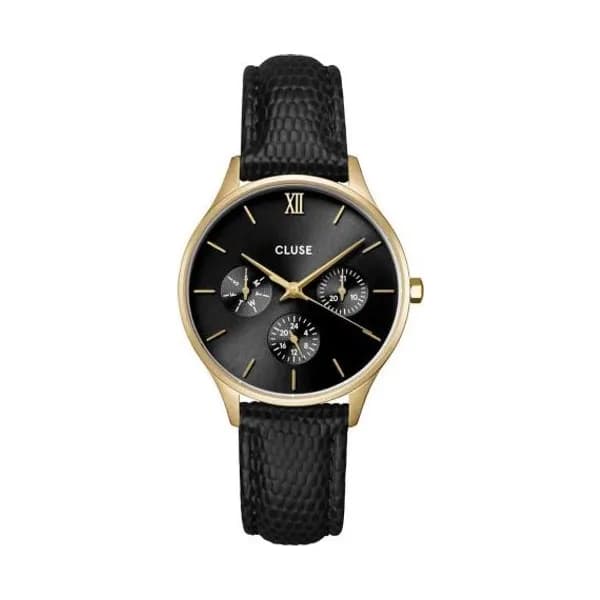 Cluse Minuit Multifunction Black Watch Leather, Black Lizard, Gold Colour