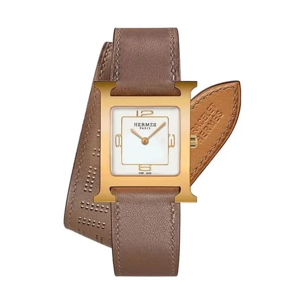 Hermès Montre HERMÈS Heure H PVD jaune quartz cadran blanc bracelet cuir double tour marron 26 mm