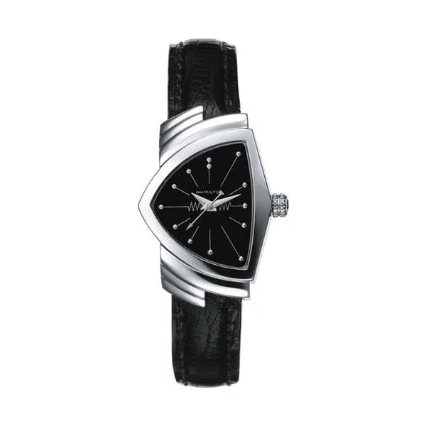 Hamilton Montre Hamilton Ventura Classic S quartz cadran noir bracelet cuir de veau grainé façon lézard noir