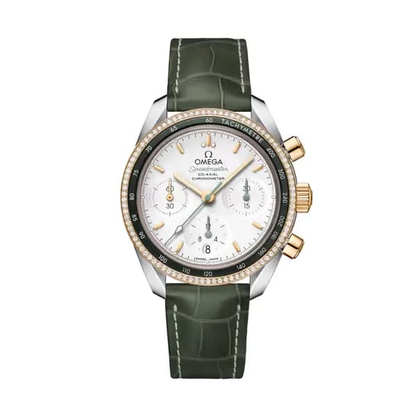 Omega Speedmaster 38 mm, acier - or jaune sur bracelet en cuir